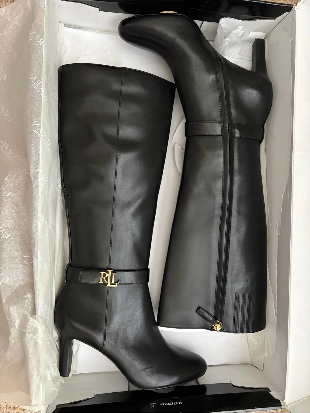 Ralph Lauren Black Leather Over-the-Knee Boots with Gold RL Accent